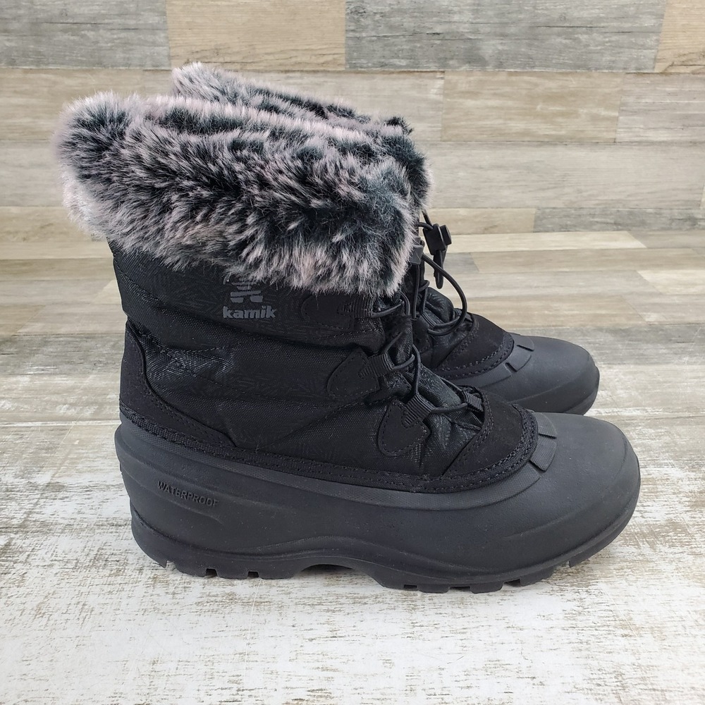 Kamik Momentum Womens Winter Boots Sz 9 Black Faux Fur Lace Up Waterproof